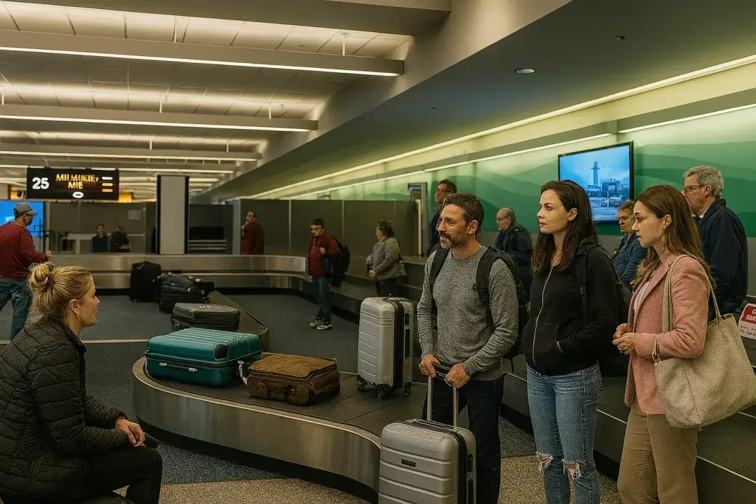 Passengers waiting at the baggage claim area at Orlando Airport (MCO), with suitcases on the carousel